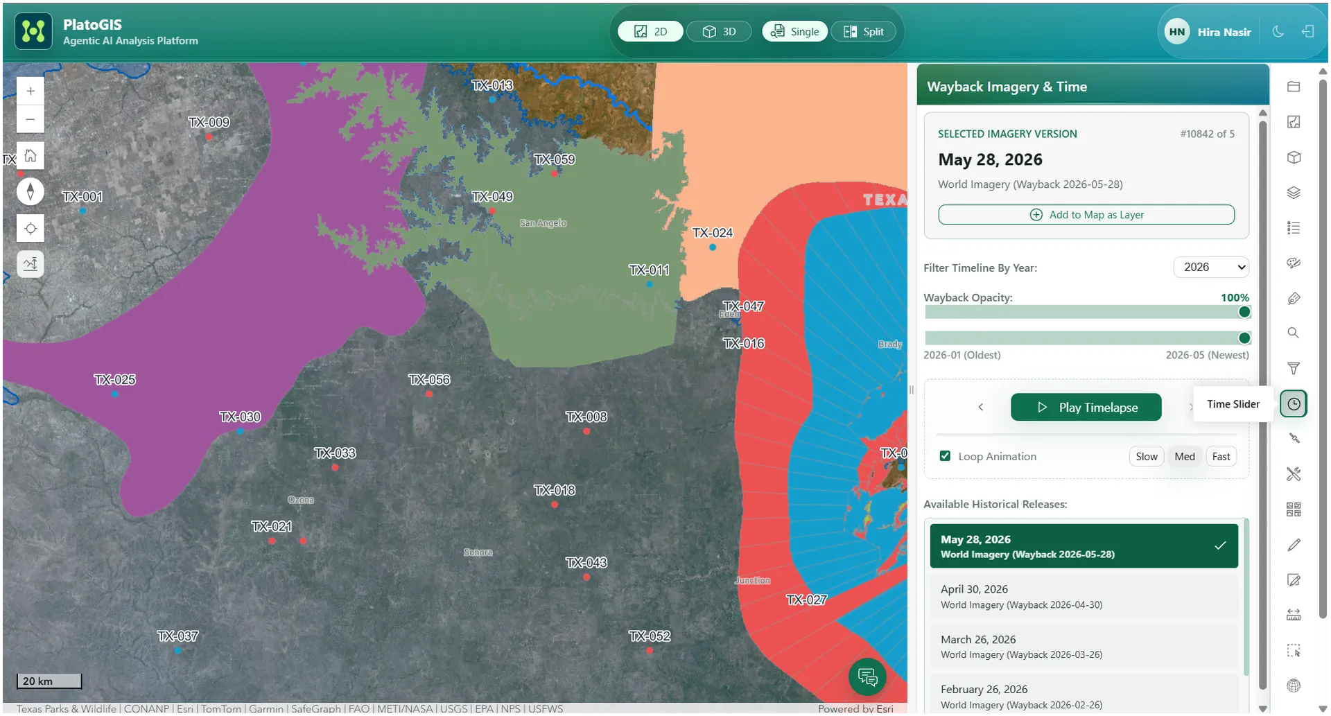 Plato GIS Wayback imagery panel for high resolution historical imagery.